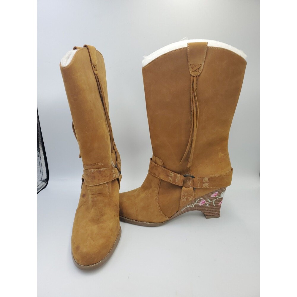 Seychelles Suede Cowboy Boots 9.5 Brown Embroidered Wedge Harness Fringe Western